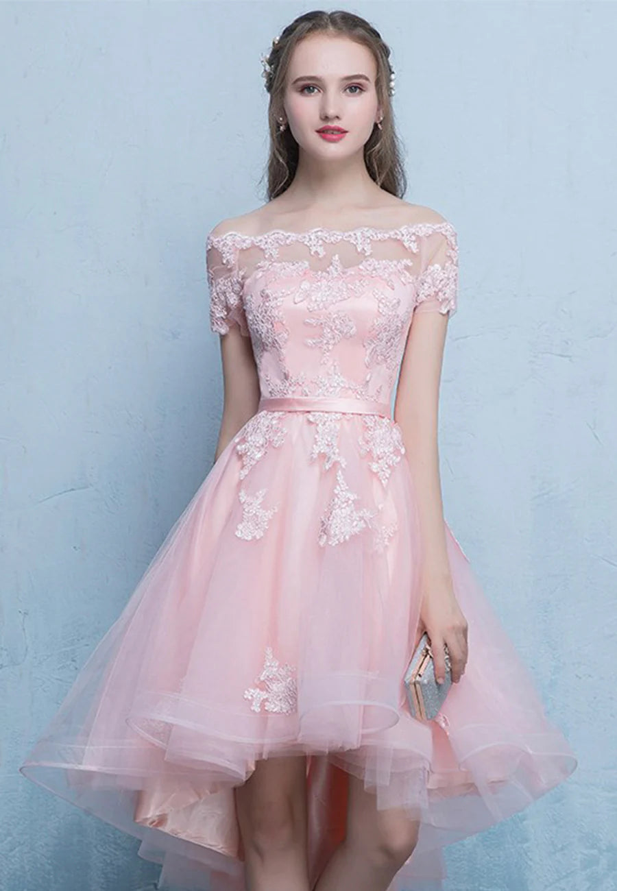 Pink Tulle Lace Short Prom Dress, High Low Evening Party Dress