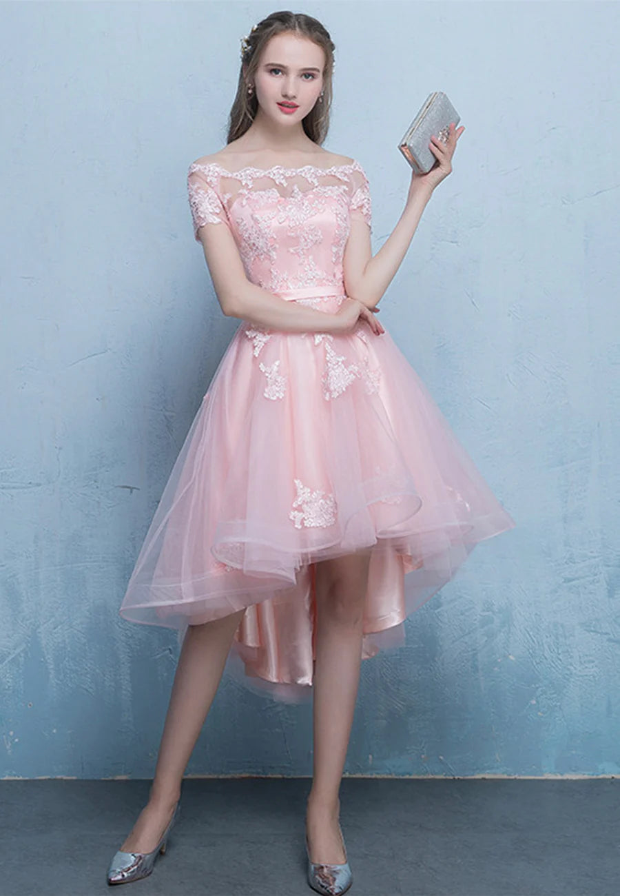 Pink Tulle Lace Short Prom Dress, High Low Evening Party Dress