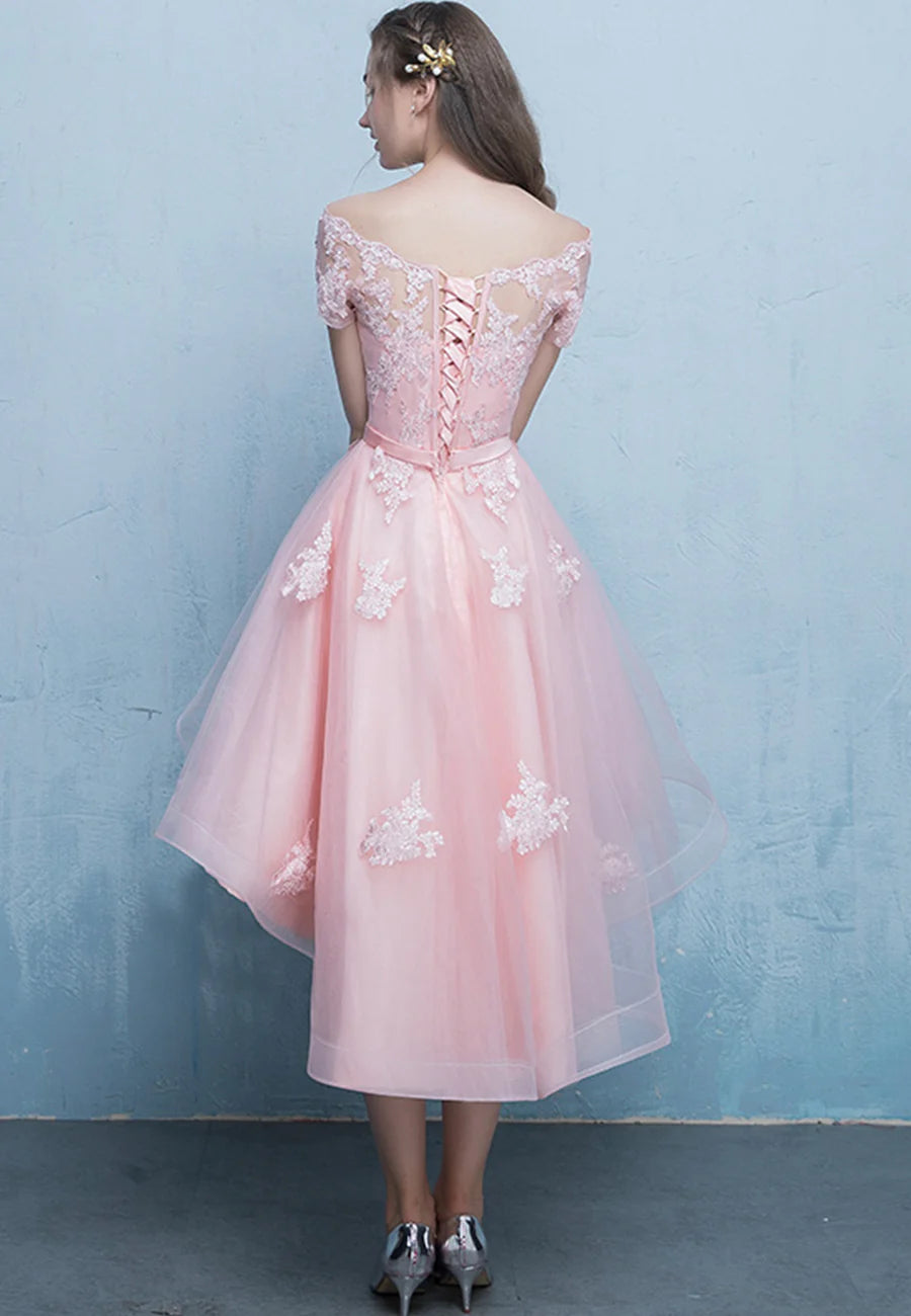 Pink Tulle Lace Short Prom Dress, High Low Evening Party Dress