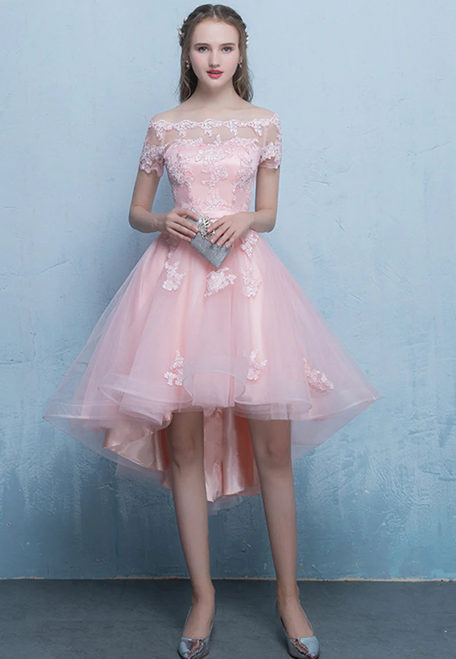 Pink Tulle Lace Short Prom Dress, High Low Evening Party Dress