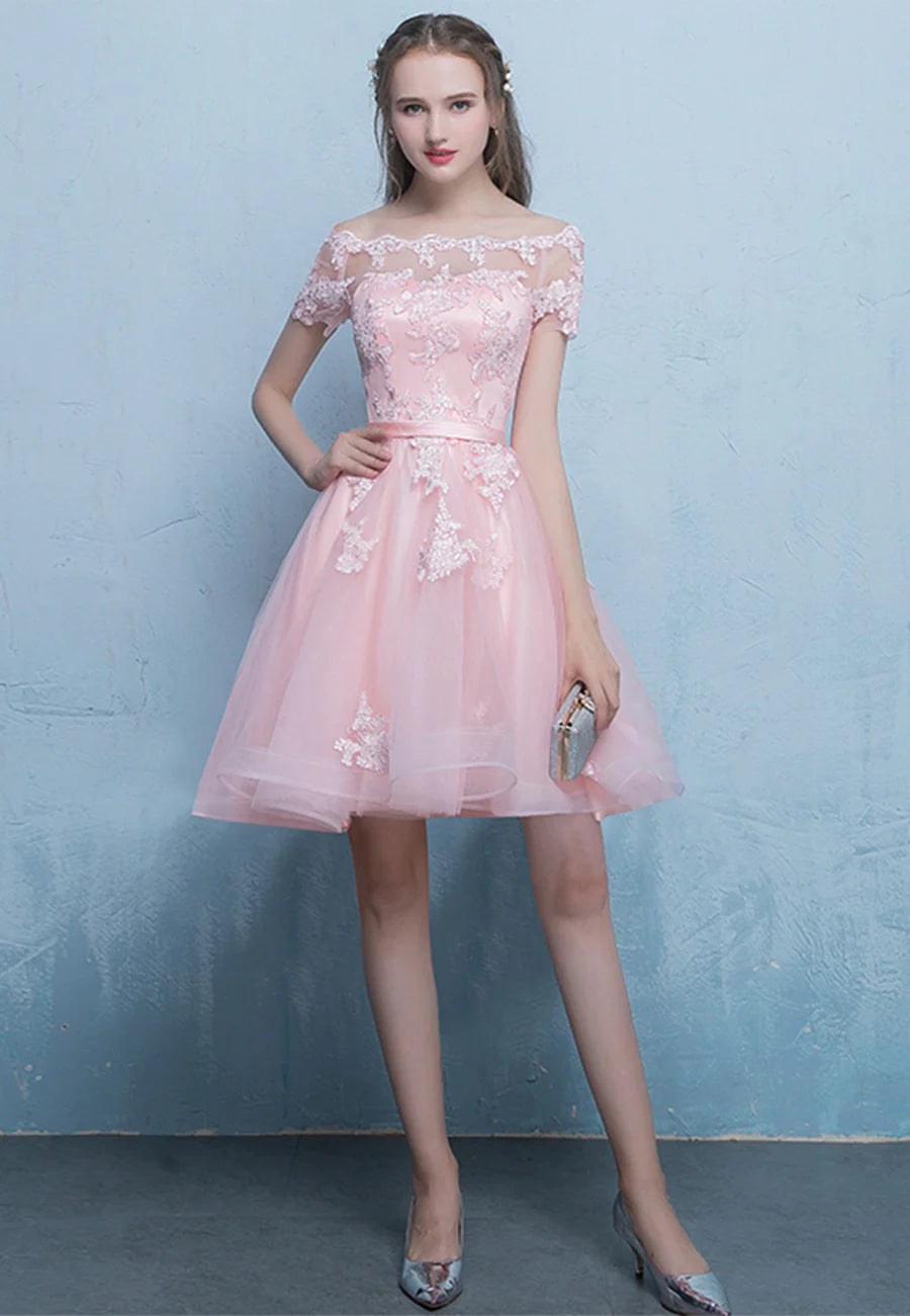 Pink Tulle Lace Short Prom Dress, High Low Evening Party Dress