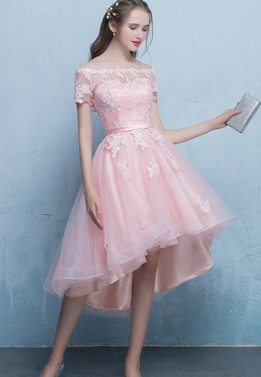 Pink Tulle Lace Short Prom Dress, High Low Evening Party Dress