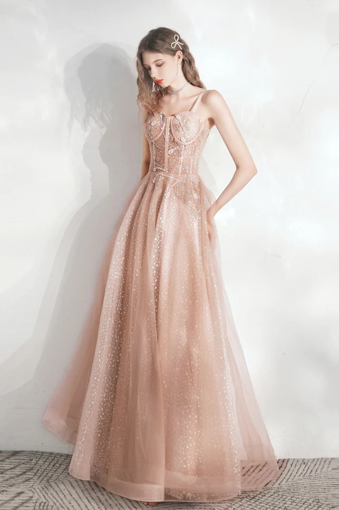 Pink Tulle Long A-Line Evening Party Dress, Cute Pink Prom Dress