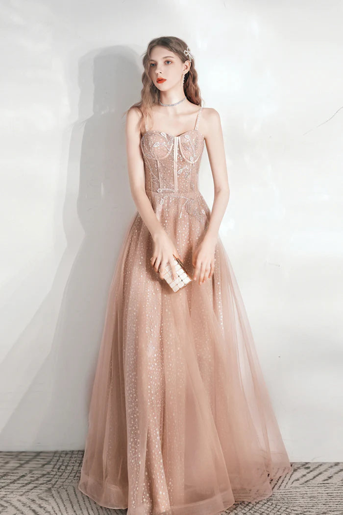 Pink Tulle Long A-Line Evening Party Dress, Cute Pink Prom Dress