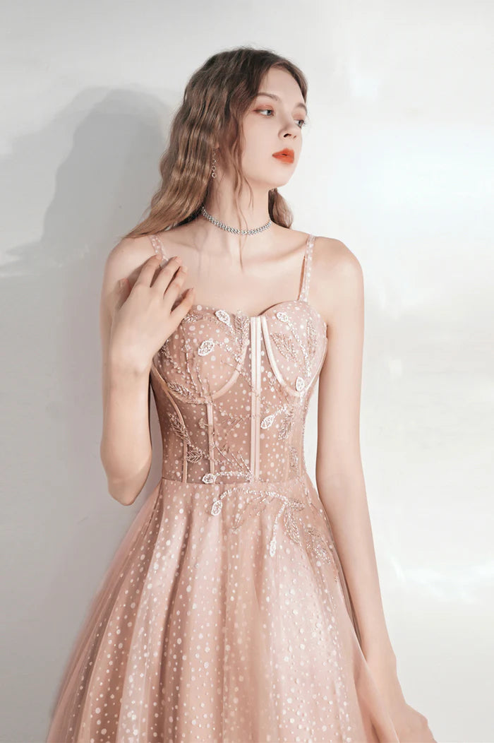 Pink Tulle Long A-Line Evening Party Dress, Cute Pink Prom Dress