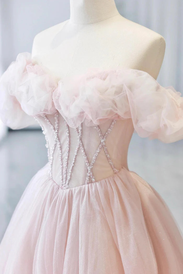 Pink Tulle Long A-Line Prom Dress with Corset, Lovely A-Line Party Dress