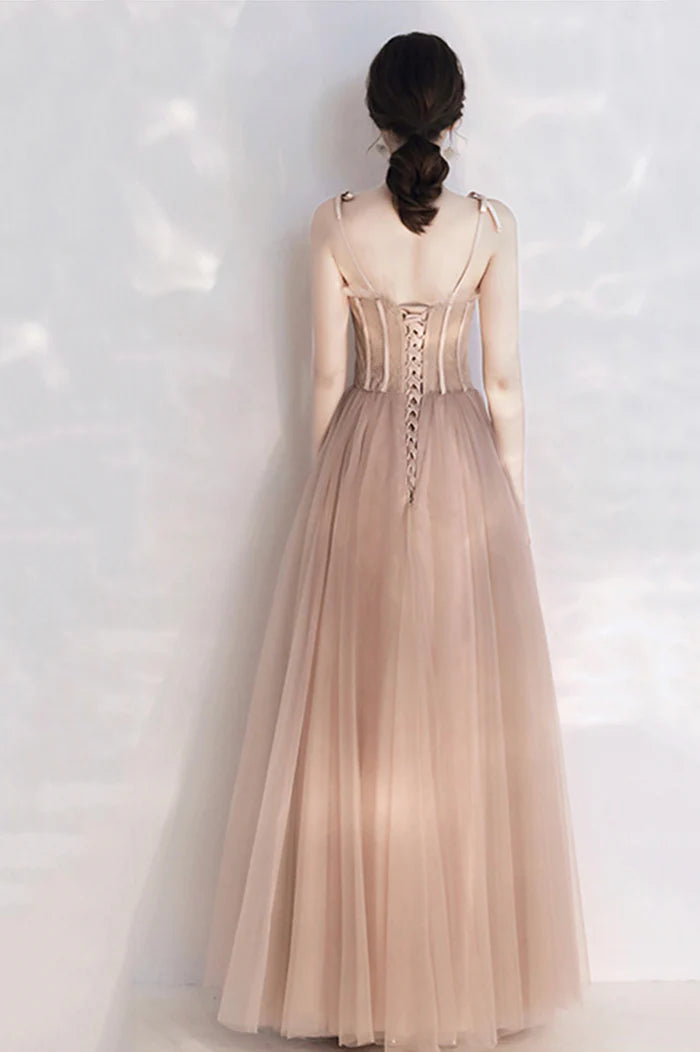 Pink Tulle Long A-Line Prom Dress with Lace, Pink Evening Party Dress