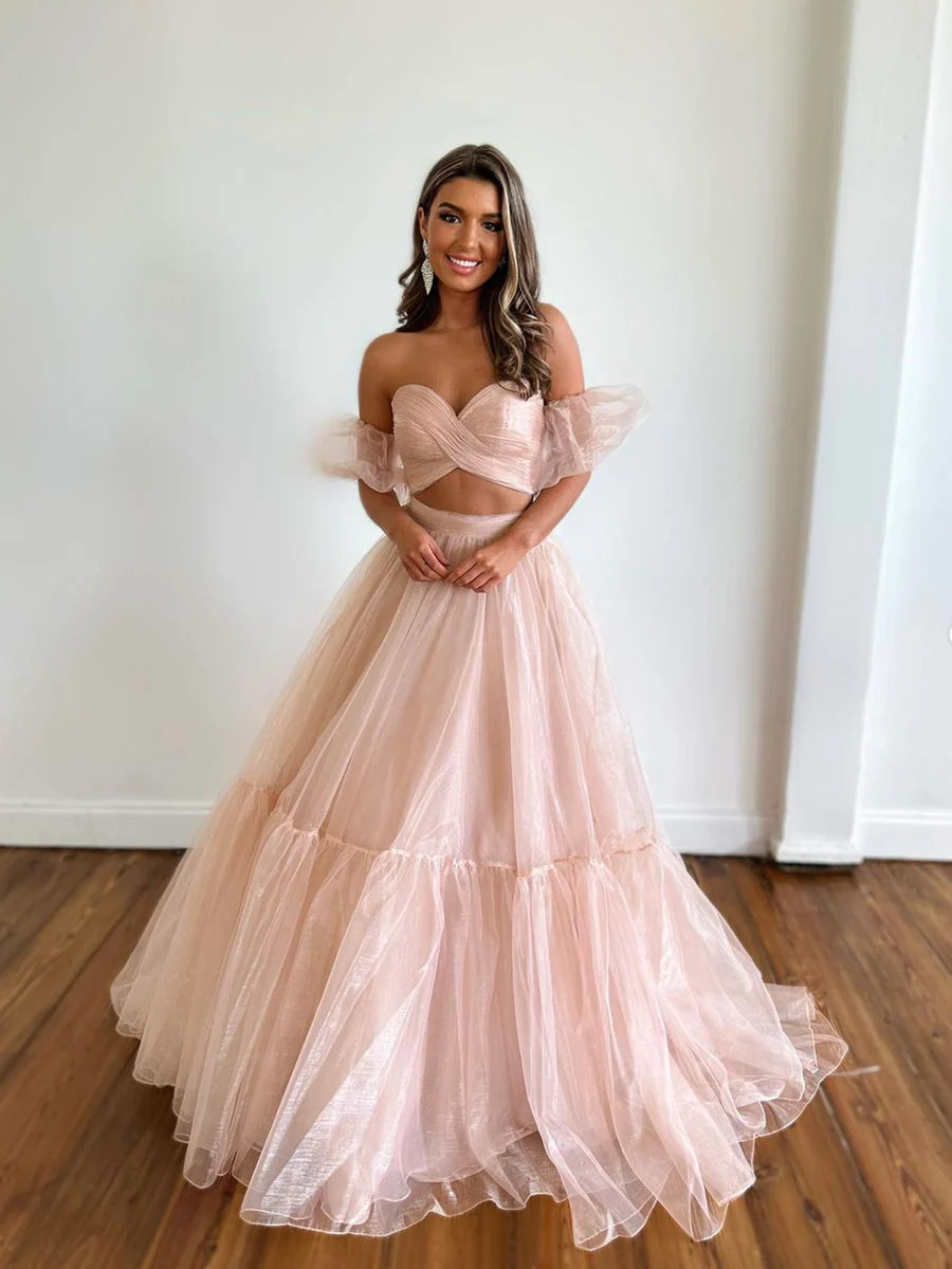Pink Tulle Long Formal Dress, Two Pieces Evening Dress, Pink Party Dress