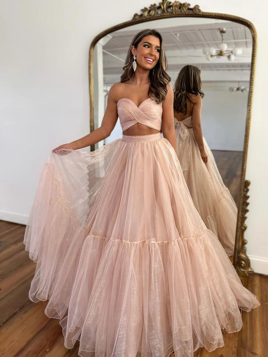 Pink Tulle Long Formal Dress, Two Pieces Evening Dress, Pink Party Dress