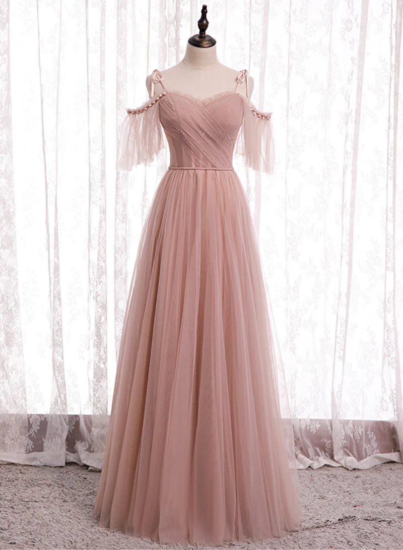 Pink Tulle Long Prom Dresses, A-Line Evening Party Dresses