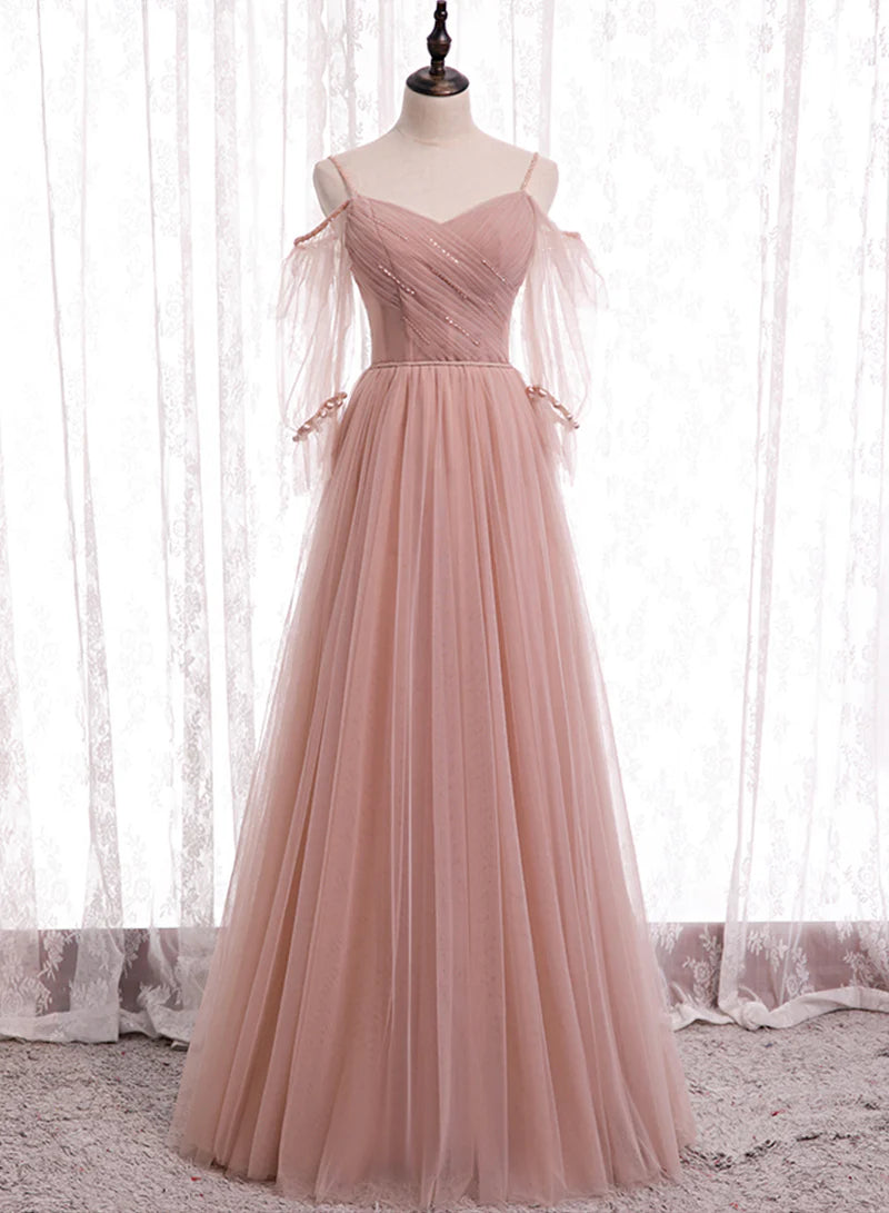 Pink Tulle Long Prom Dresses, A-Line Evening Party Dresses