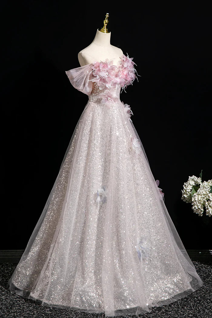 Pink Tulle Sequins Long Prom Dress, A-Line Off the Shoulder Party Dress