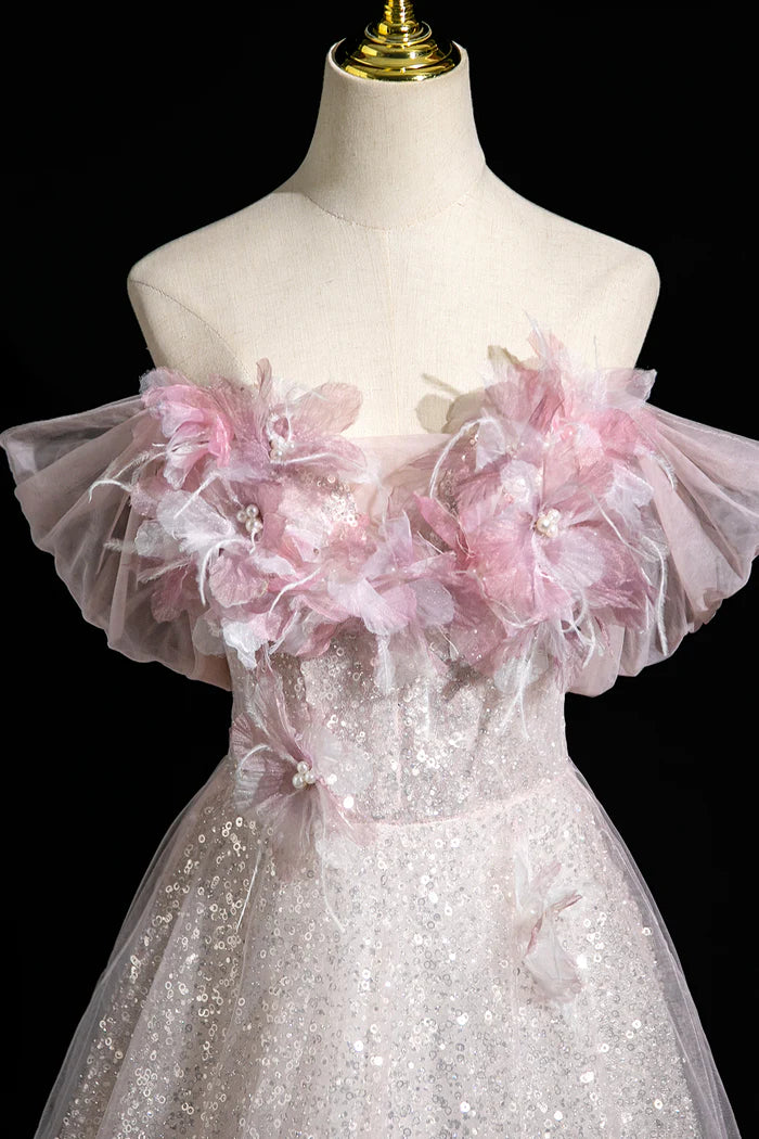 Pink Tulle Sequins Long Prom Dress, A-Line Off the Shoulder Party Dress