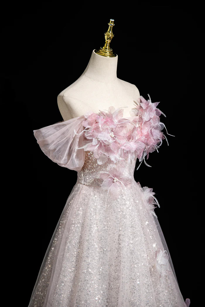 Pink Tulle Sequins Long Prom Dress, A-Line Off the Shoulder Party Dress