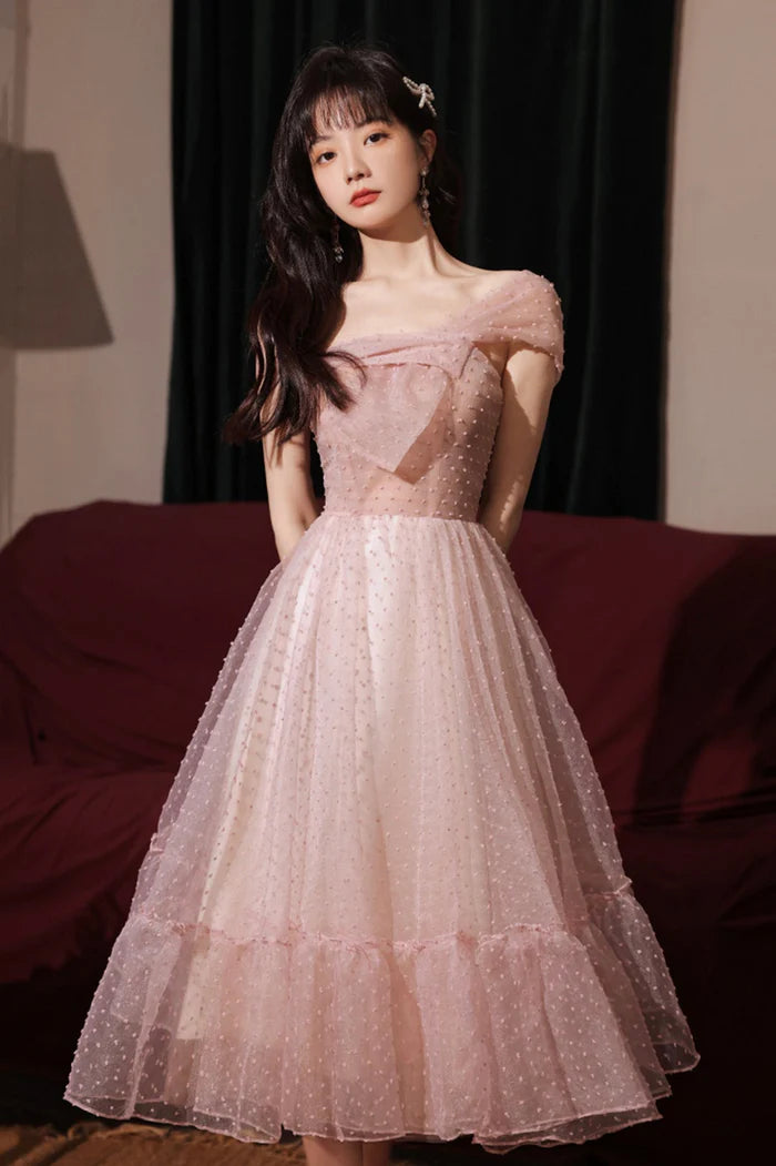 Pink Tulle Short A-Line Prom Dress, One Shoulder Homecoming Party Dress