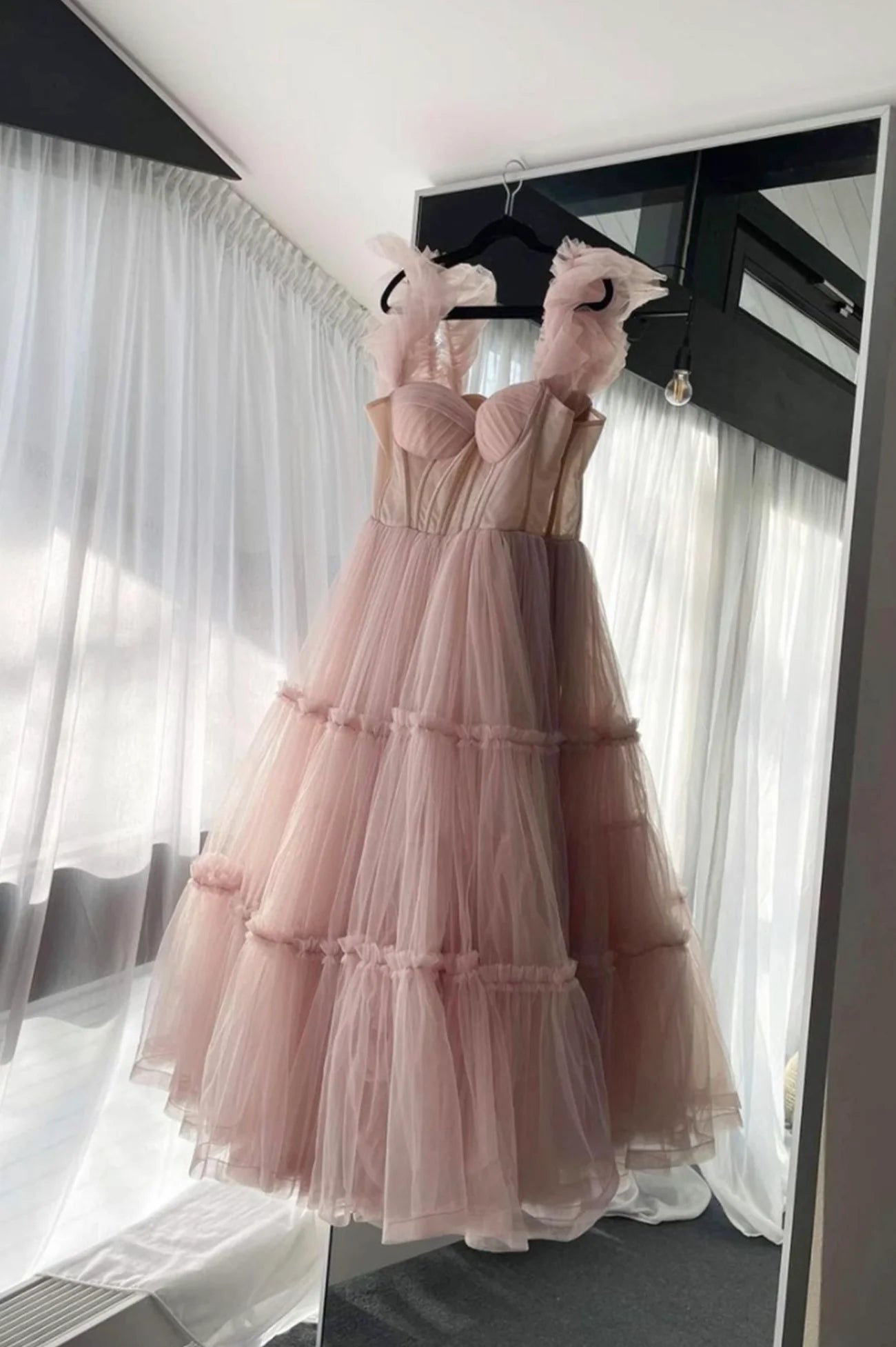Pink Tulle Short Prom Dresses, A-Line Pink Evening Party Dresses