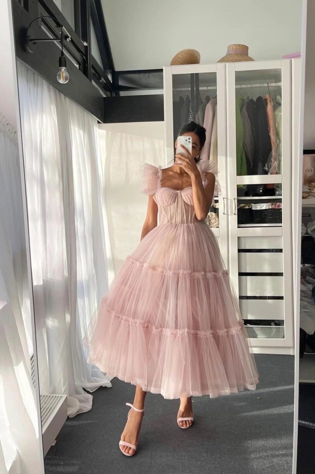 Pink Tulle Short Prom Dresses, A-Line Pink Evening Party Dresses