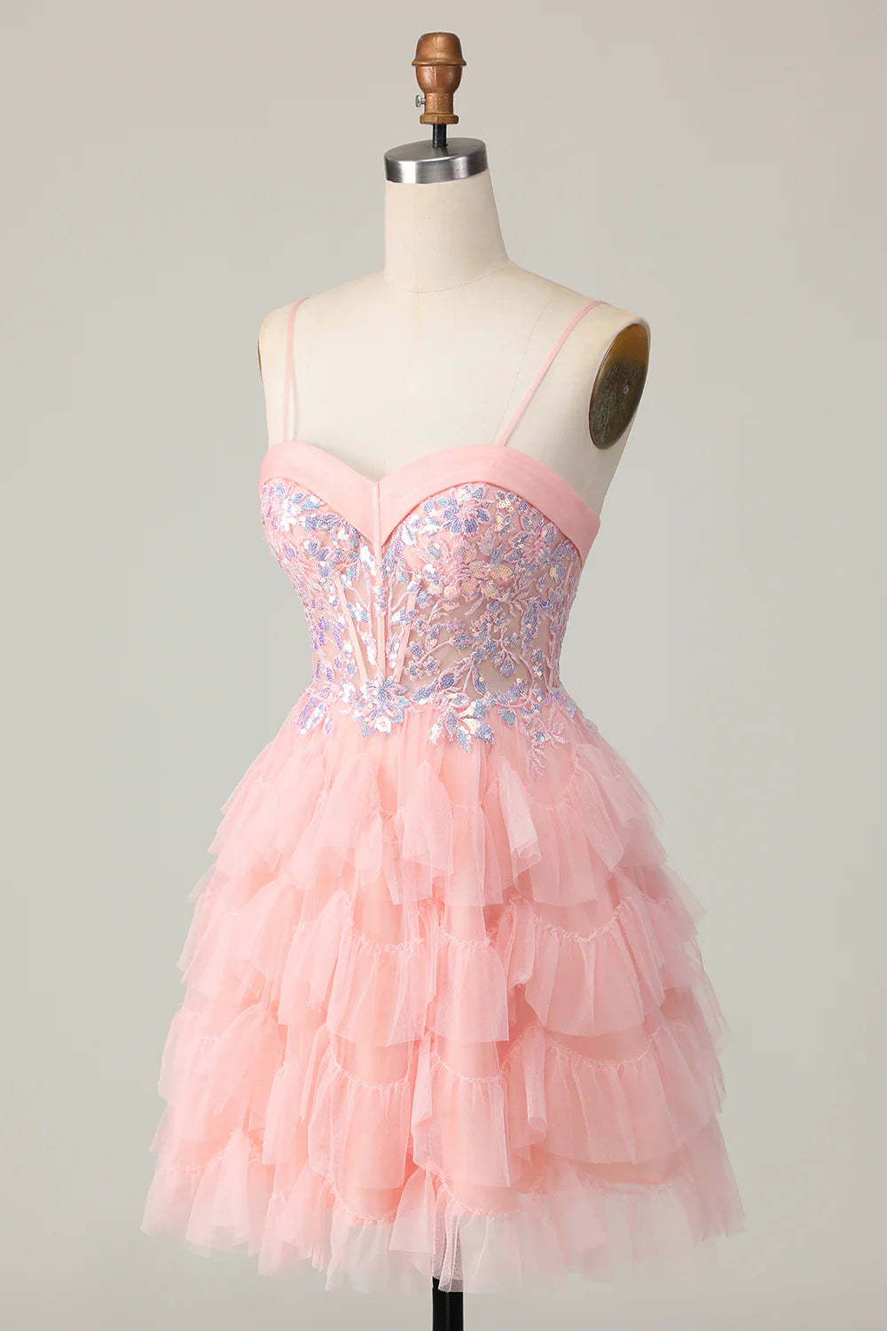 Pink Tulle Spaghetti Straps Corset Short Homecoming Dress with Ruffles