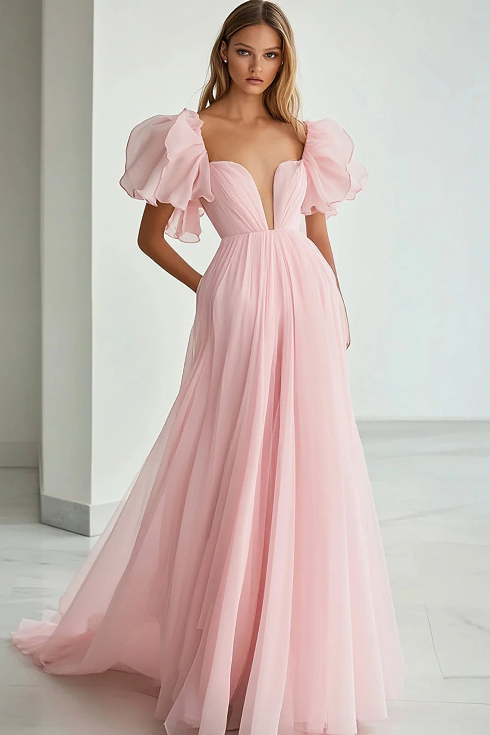 Pink V-Neck A Line Long Formal Dress with Sleeves