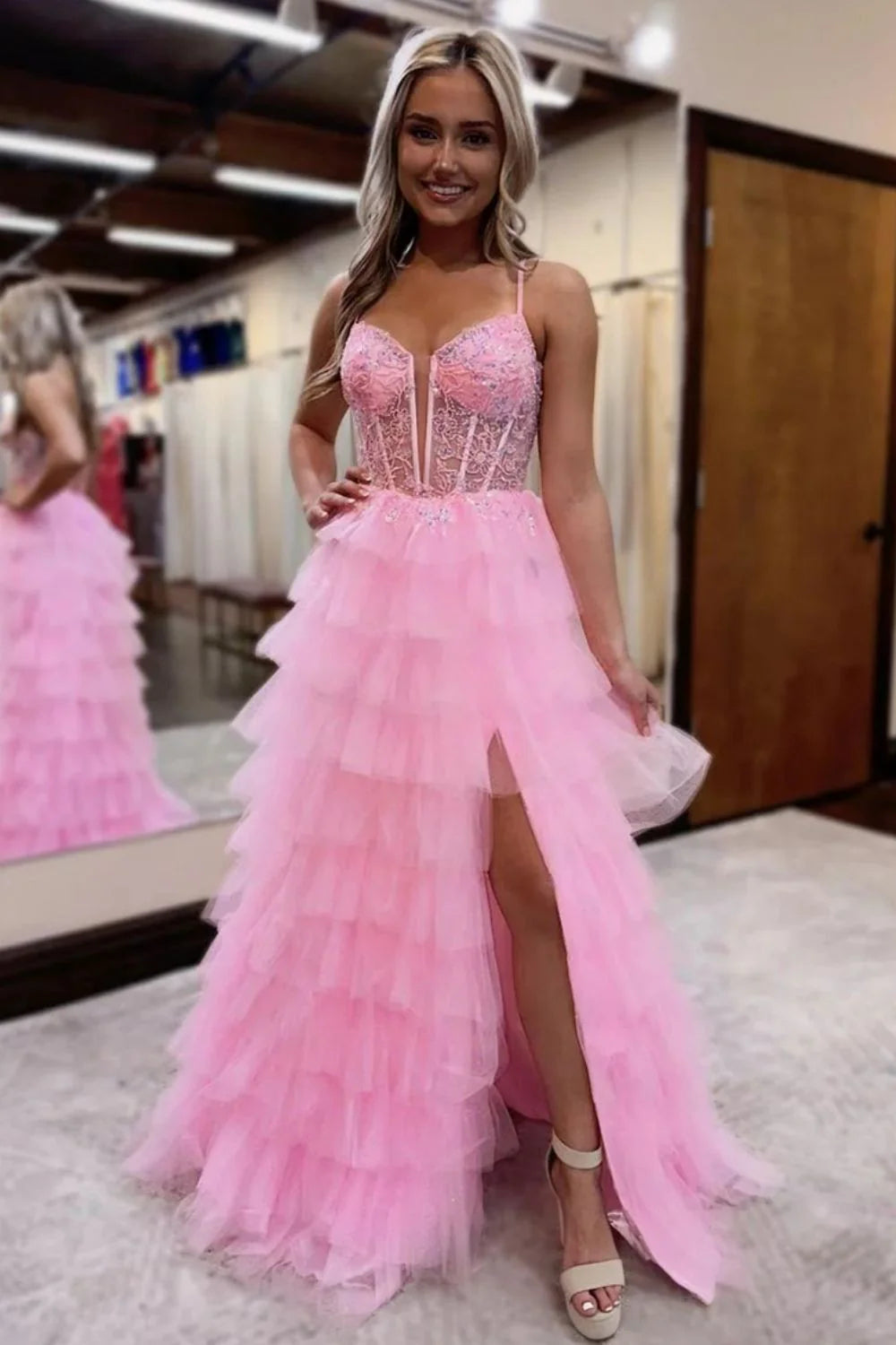 Pink A-Line Spaghetti Straps Lace Up Long Tiered Tulle Prom Dress