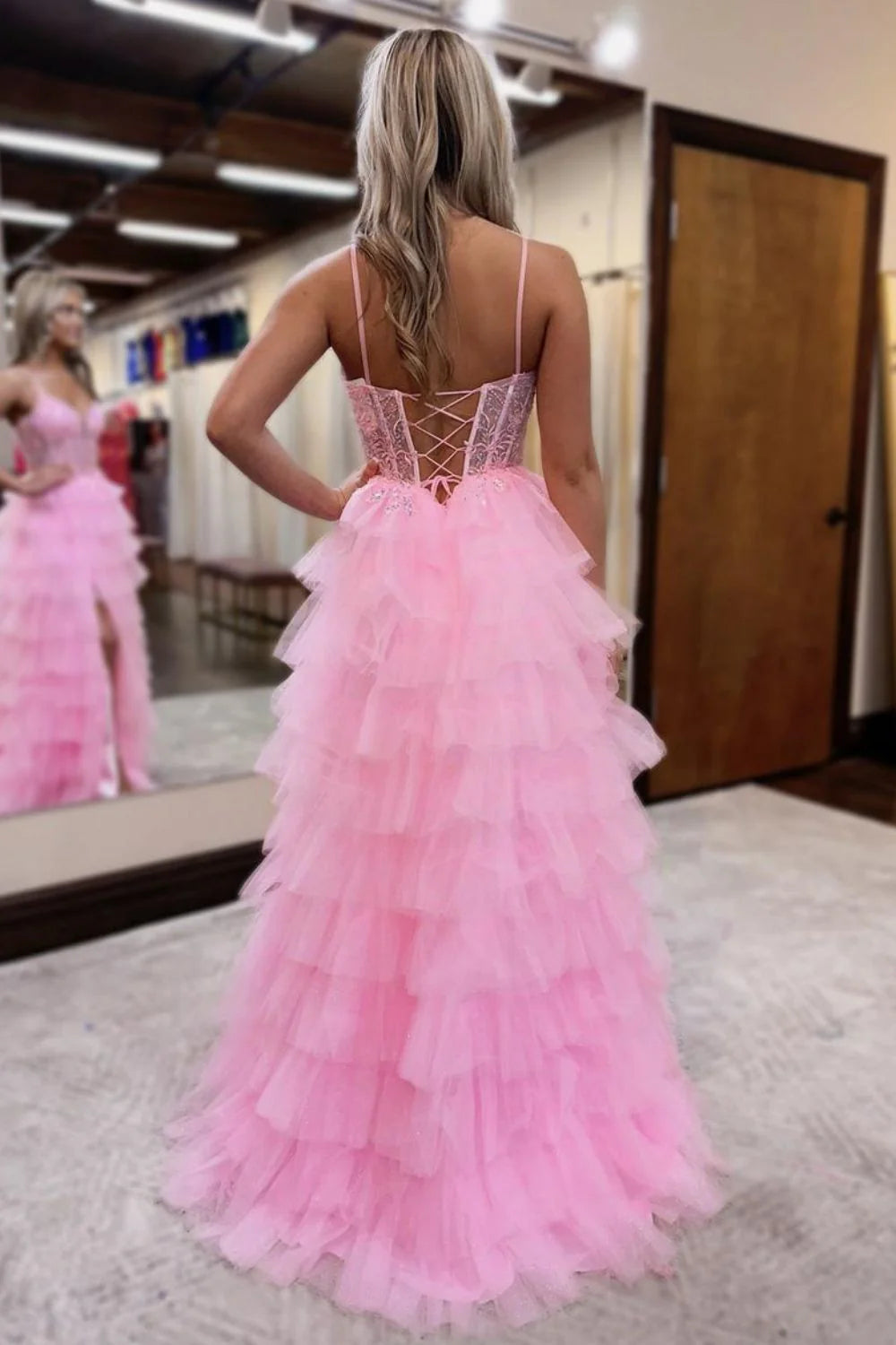 Pink A-Line Spaghetti Straps Lace Up Long Tiered Tulle Evening Dresses