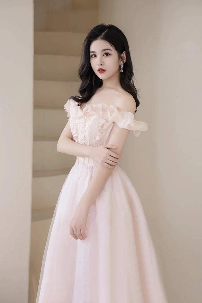 Pink Tulle Beaded Short Prom Dress, Pink Off Shoulder Evening Party Dress