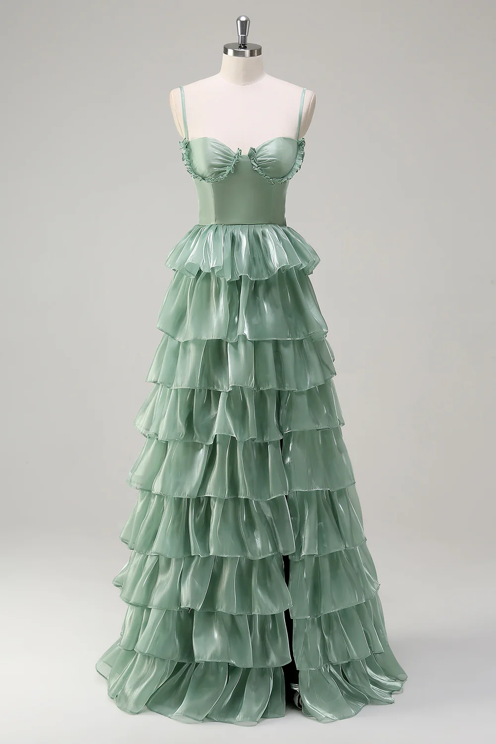 Playful Sage Green Tiered Evening Dress with Ruffle Bust and Lace-Up Back