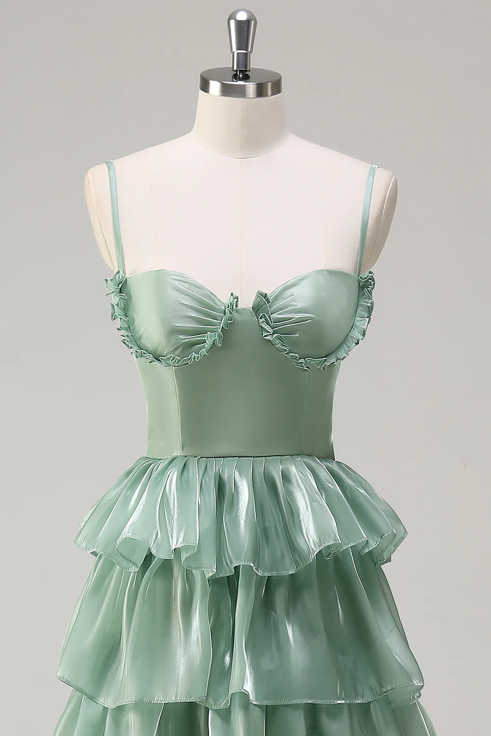 Playful Sage Green Tiered Evening Dress with Ruffle Bust and Lace-Up Back