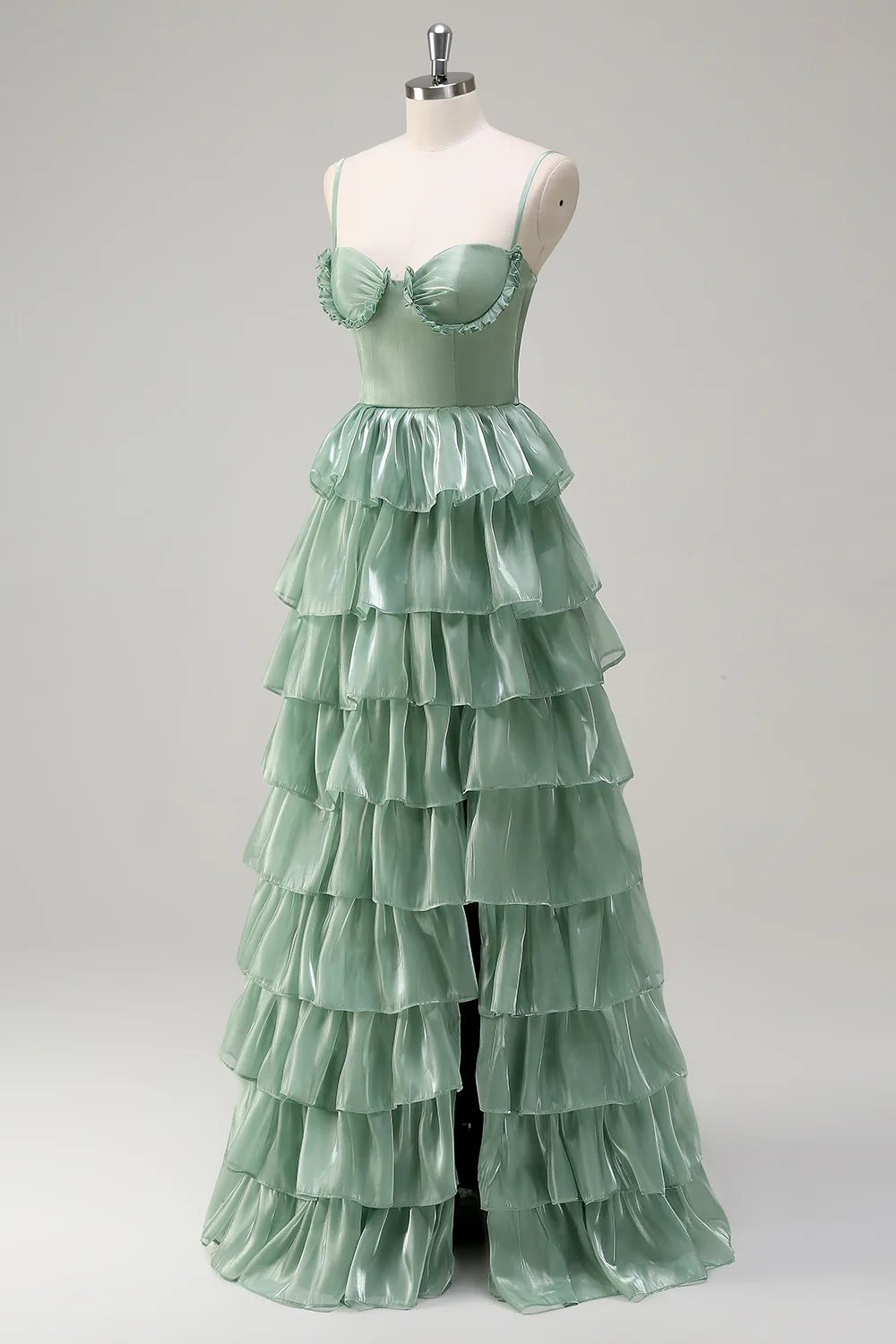 Playful Sage Green Tiered Evening Dress with Ruffle Bust and Lace-Up Back