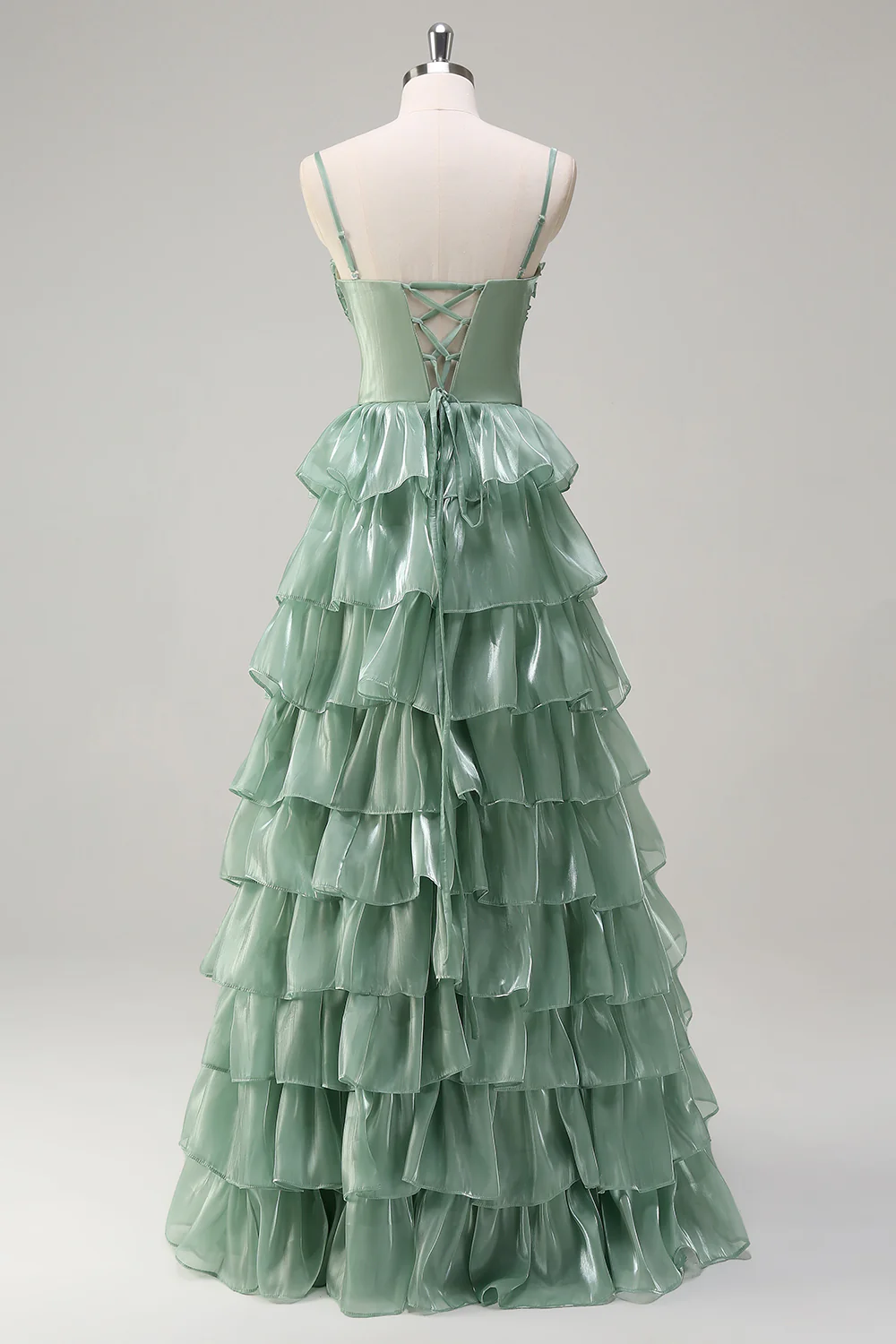 Playful Sage Green Tiered Evening Dress with Ruffle Bust and Lace-Up Back