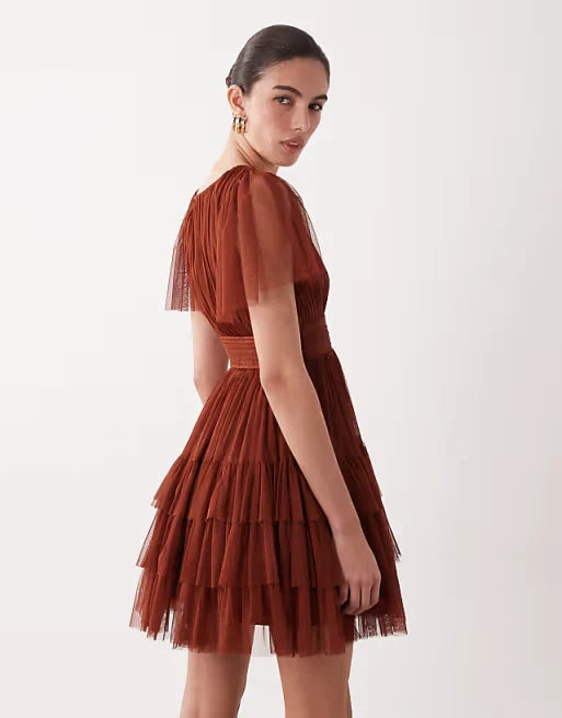 Playful Tulle A-Line Deep V-Neck Flutter Sleeves V-Back Short Homecoming Dresses