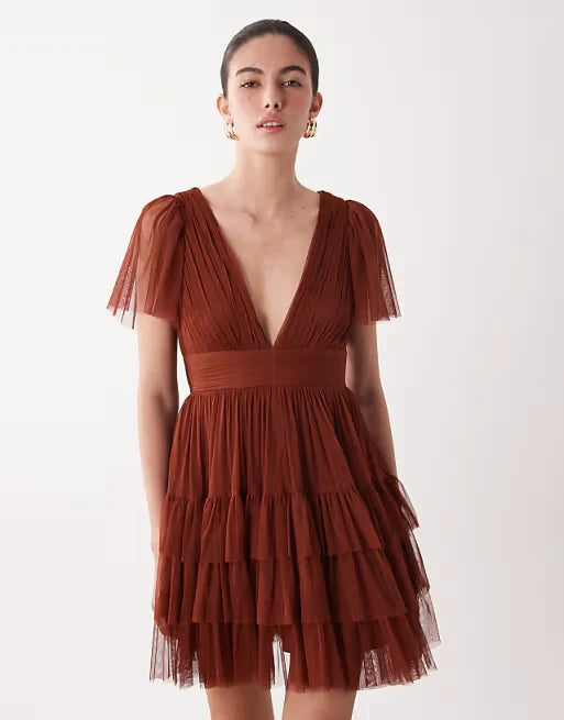 Playful Tulle A-Line Deep V-Neck Flutter Sleeves V-Back Short Homecoming Dresses