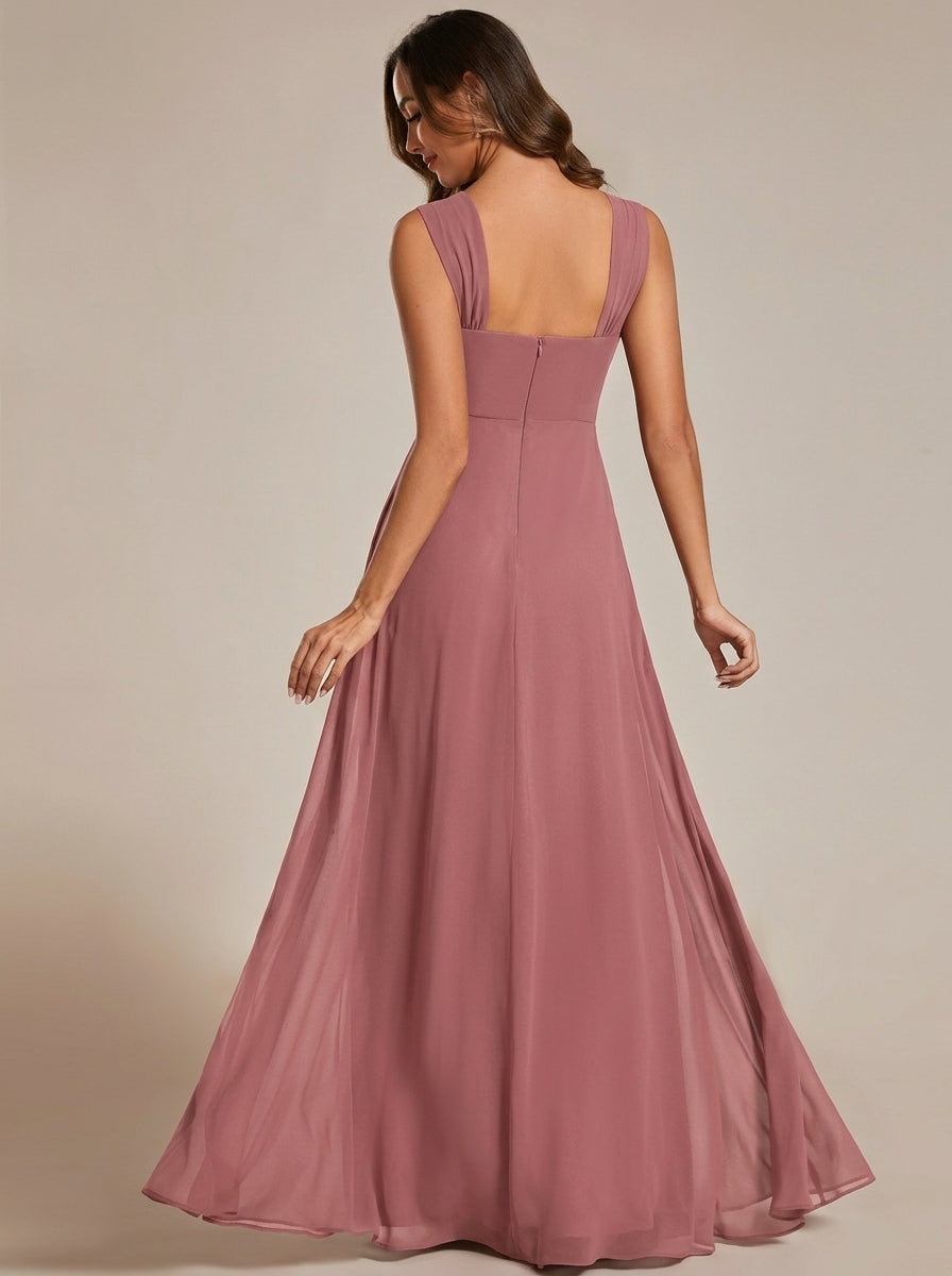 Pleated Wide Strap Notch V Low Open Back Flowy Chiffon Floor Length Bridesmaid Dresses