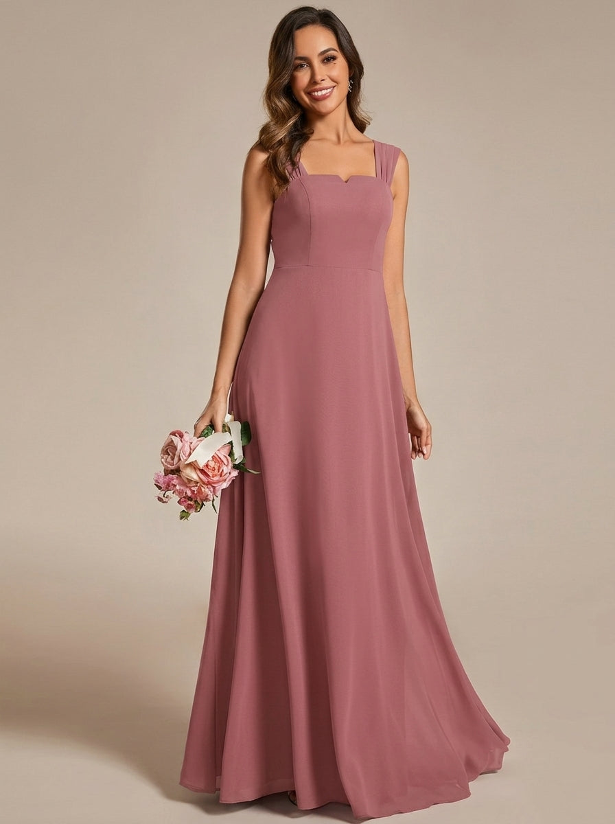 Pleated Wide Strap Notch V Low Open Back Flowy Chiffon Floor Length Bridesmaid Dresses