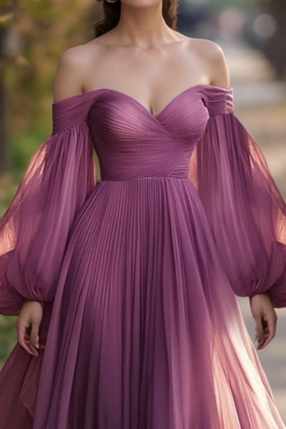 Plum Chiffon Pleated A Line Prom Dress with Long Sleeves