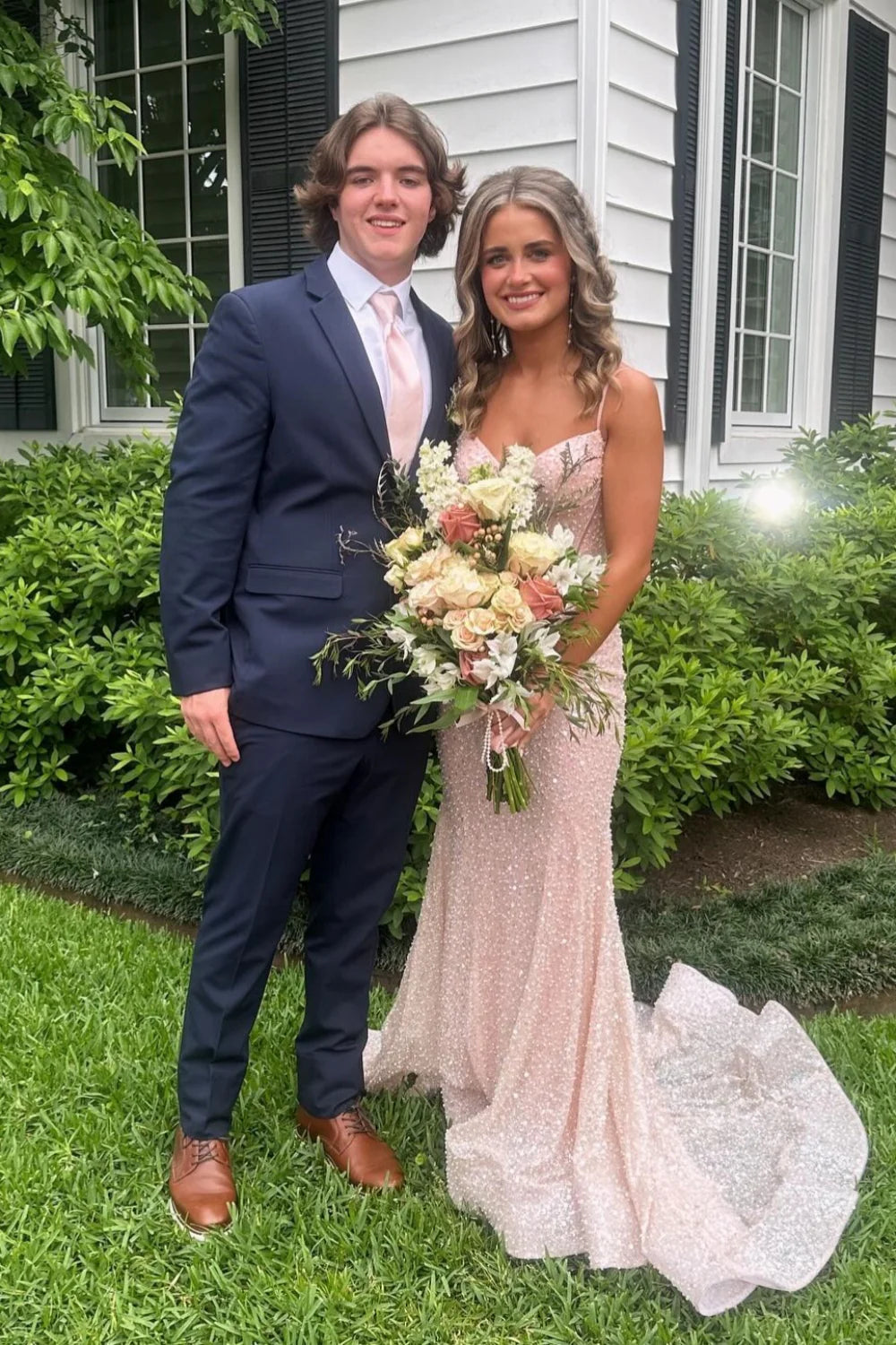 Plunge Neck Blush Pink Sequin Mermaid Long Unique Design Full Of Charm Prom Dresses