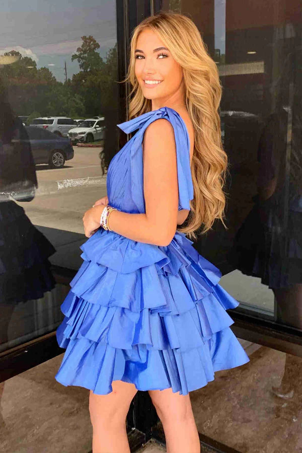 Plunging Neck Bow Sleeves Tiered Blue Homecoming Dress