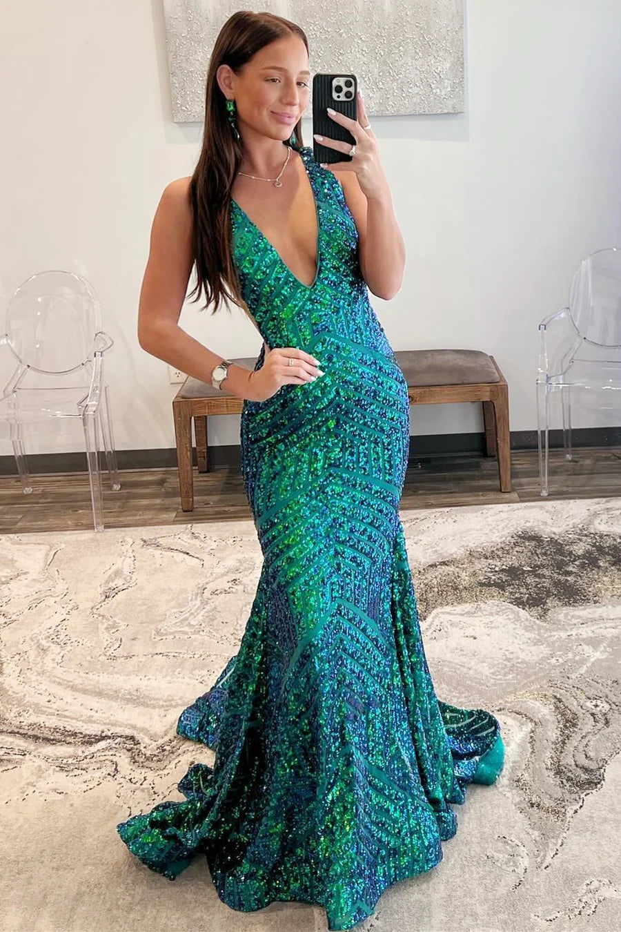 Plunging V-Neck Sequins Sleeveless Mermaid Long Evening Prom Dress