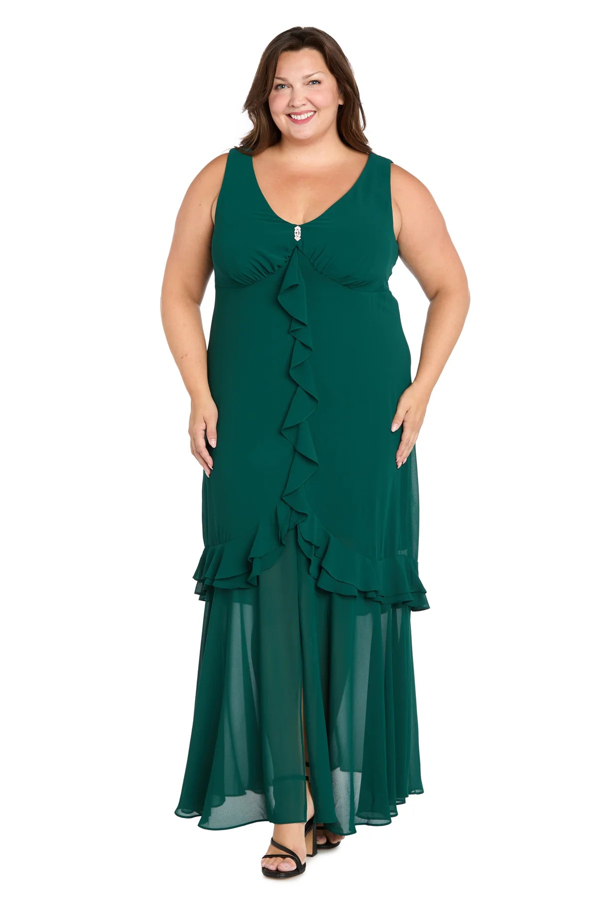 Plus Size Chiffon A-Line V-Neck Sleeveless V-Back Ruffled Floor Length Evening Dress