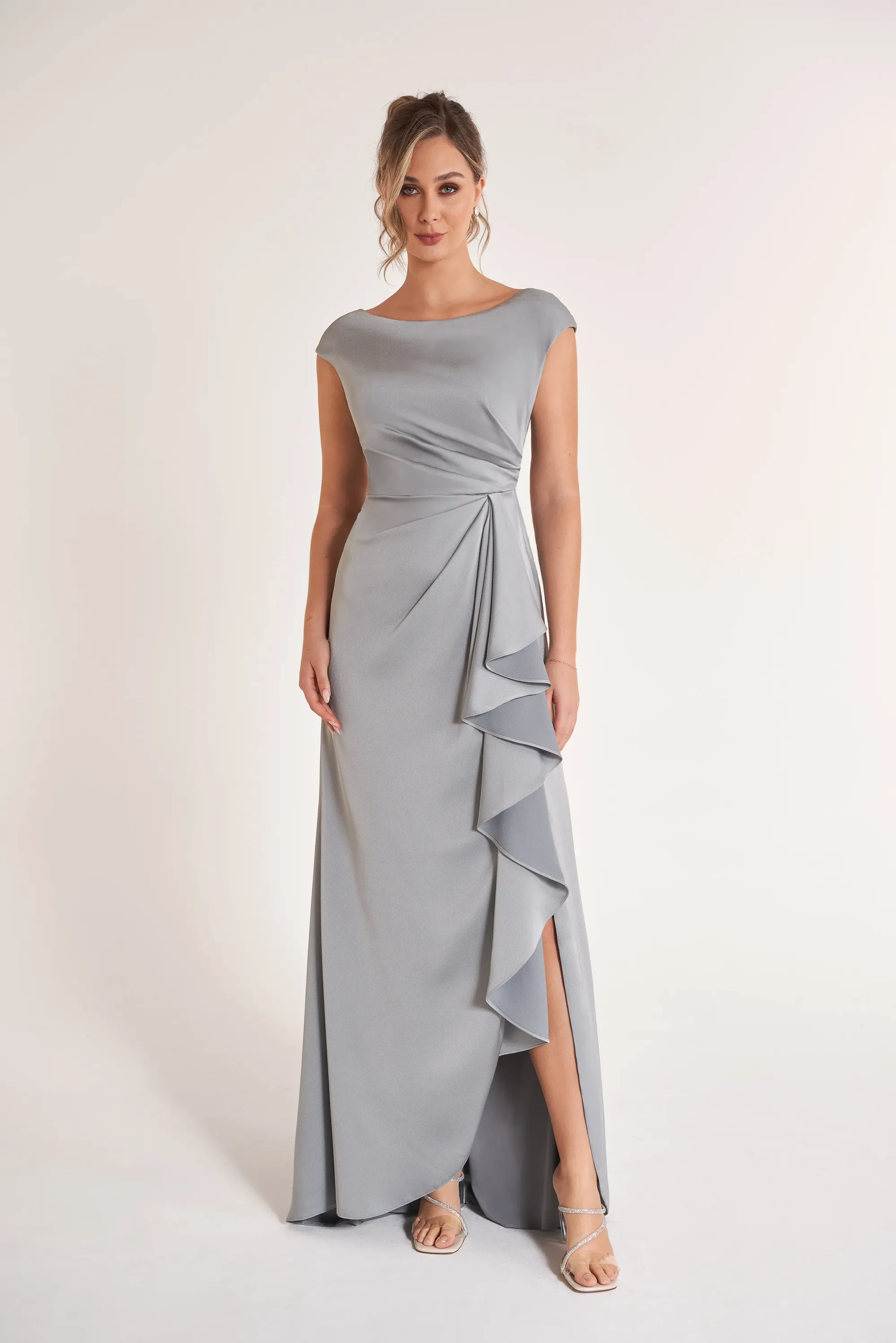Polished Sheath Bateau Neck Cap Sleeve V-Back Floor-Length Satin Mother of the Bride Dress