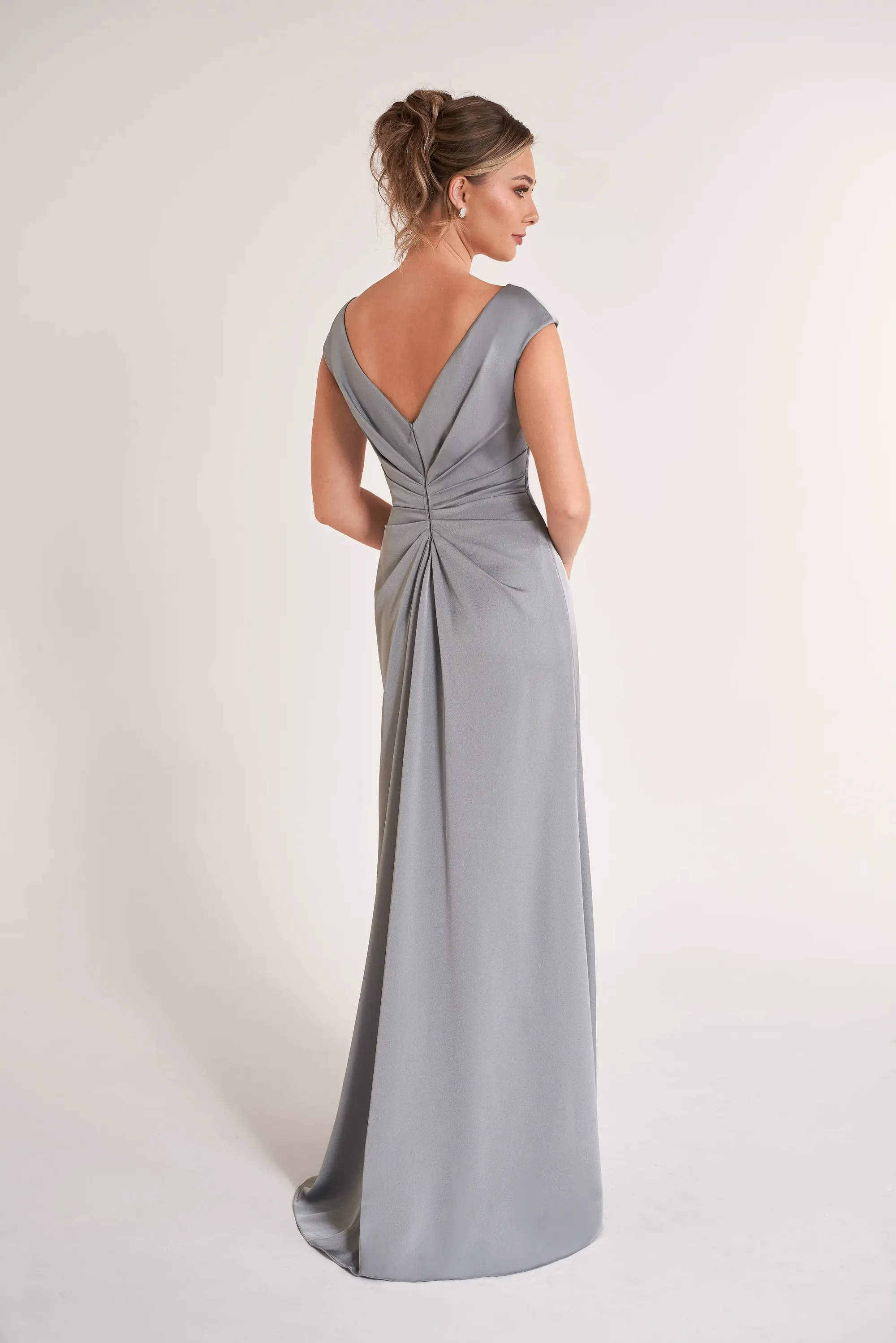 Polished Sheath Bateau Neck Cap Sleeve V-Back Floor-Length Satin Mother of the Bride Dress