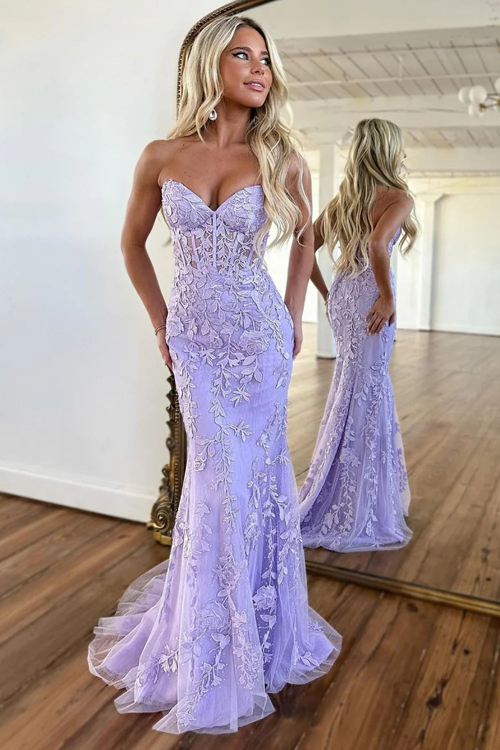 Pretty Lilac Mermaid Sweetheart Lace Up Long Tulle Prom Dress
