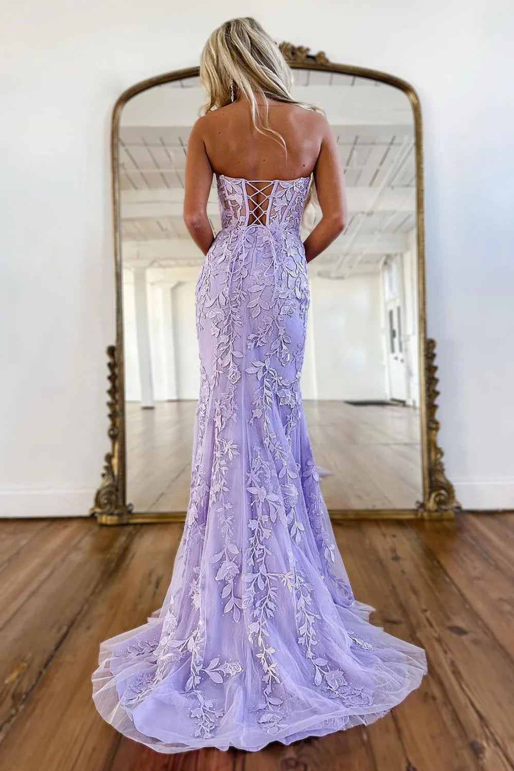 Pretty Lilac Mermaid Sweetheart Lace Up Long Tulle Prom Dress