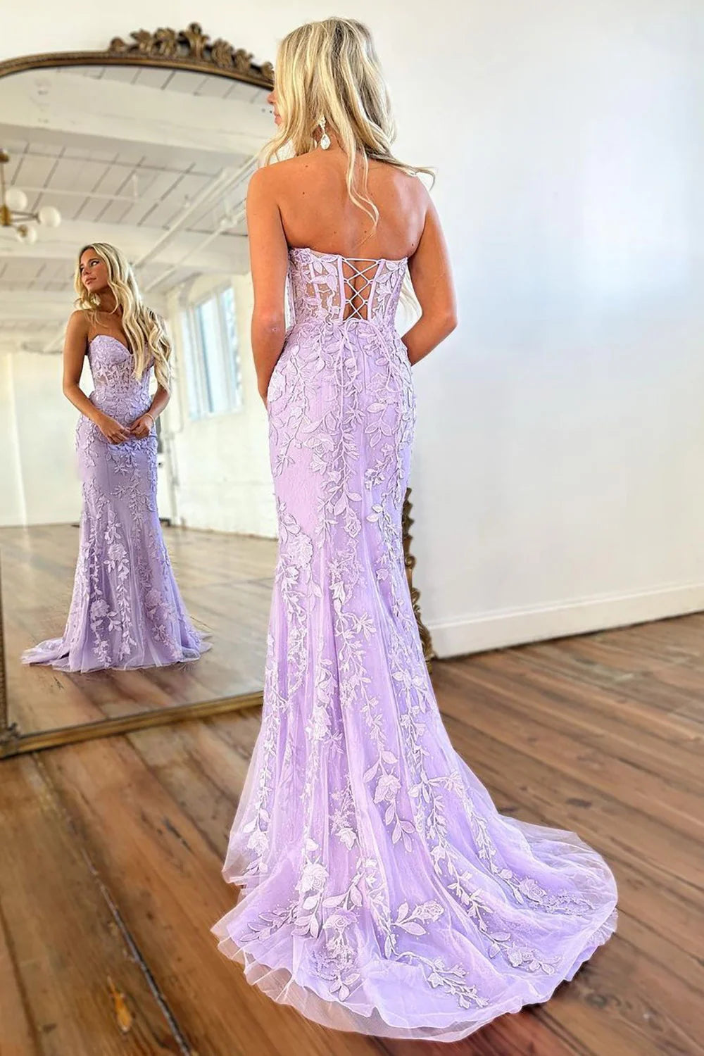 Pretty Lilac Mermaid Sweetheart Lace Up Long Tulle Prom Dress
