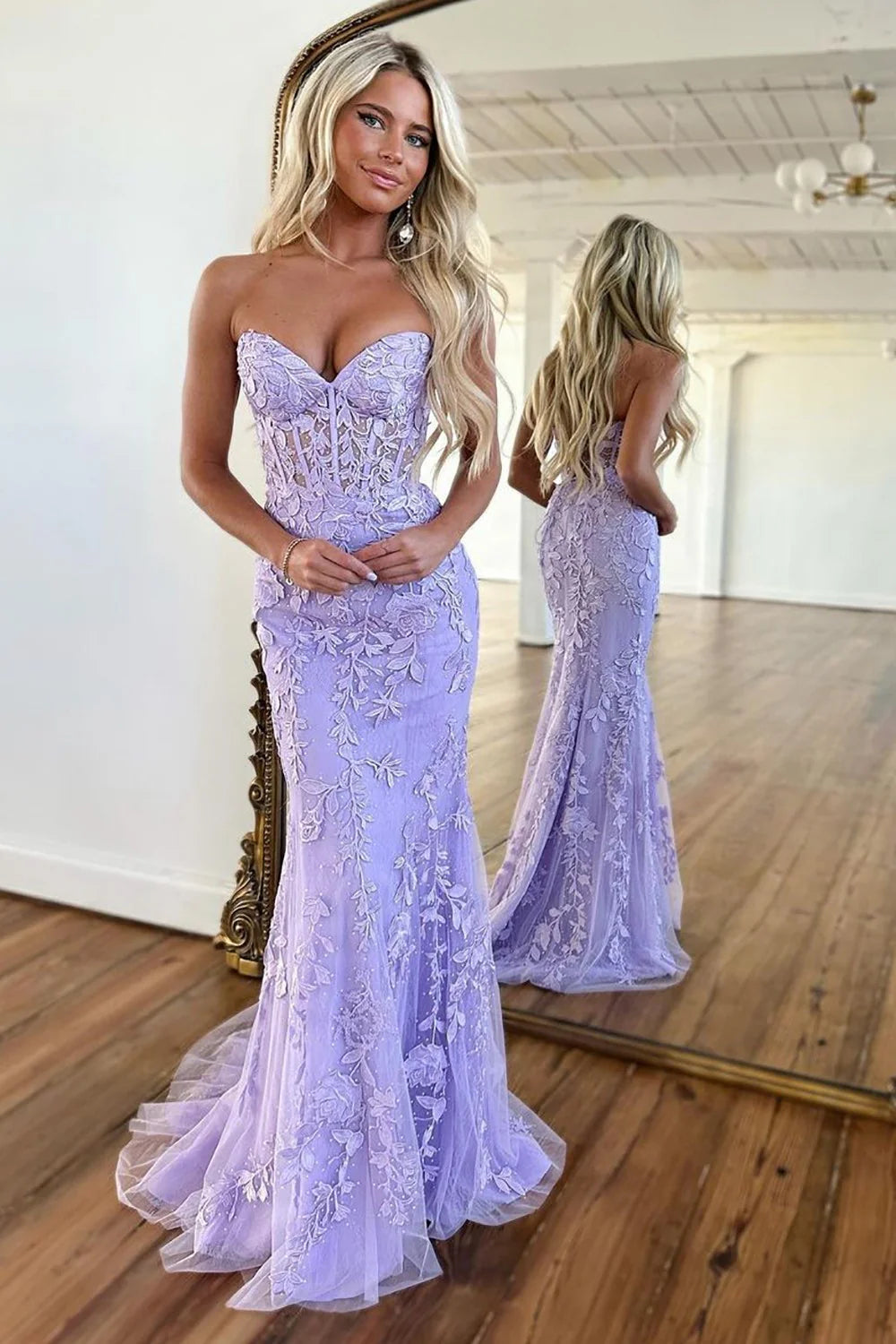 Pretty Lilac Mermaid Sweetheart Lace Up Long Tulle Prom Dress