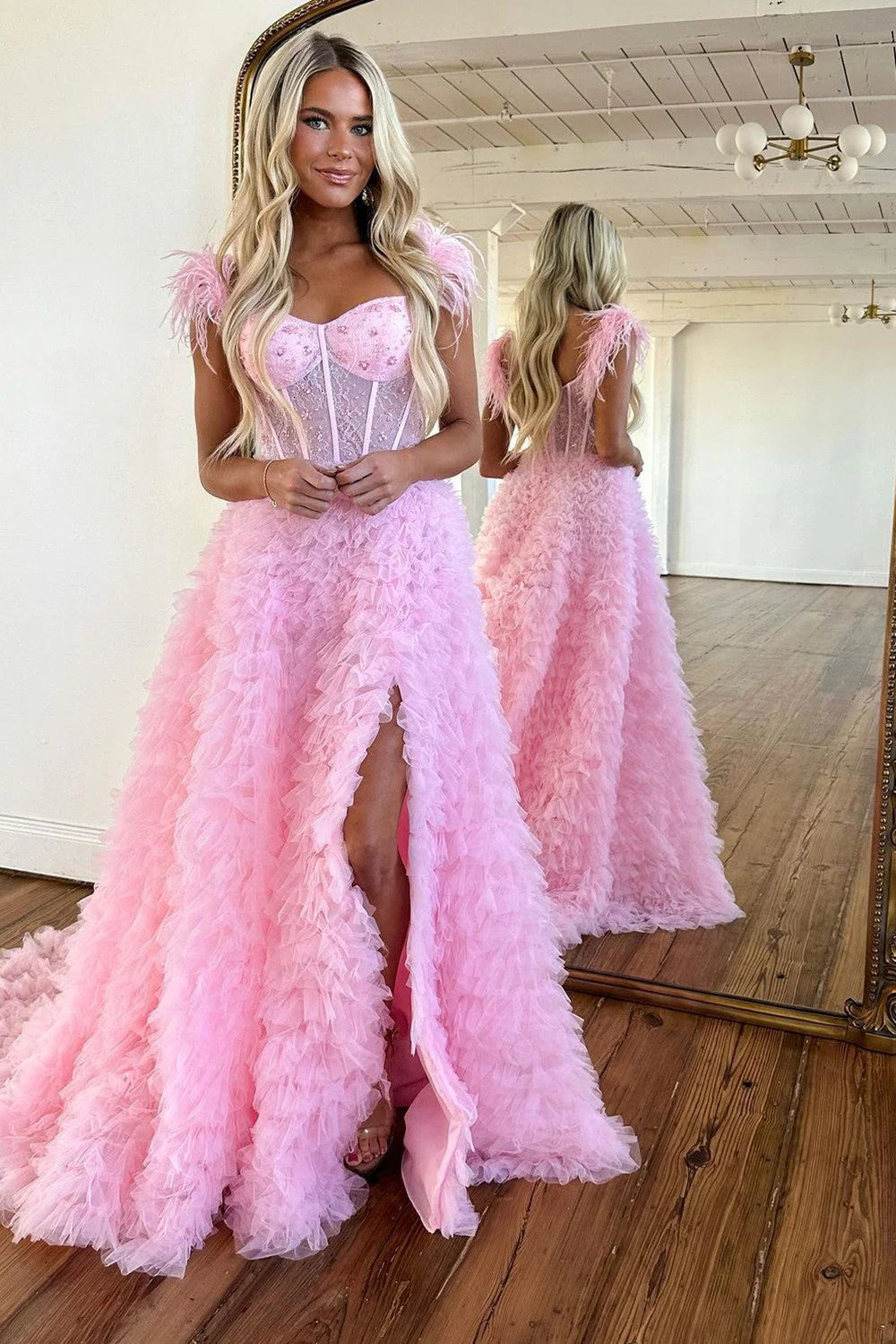 Princess A-Line Feather Straps Long Ruffle Unique Design Prom Dress