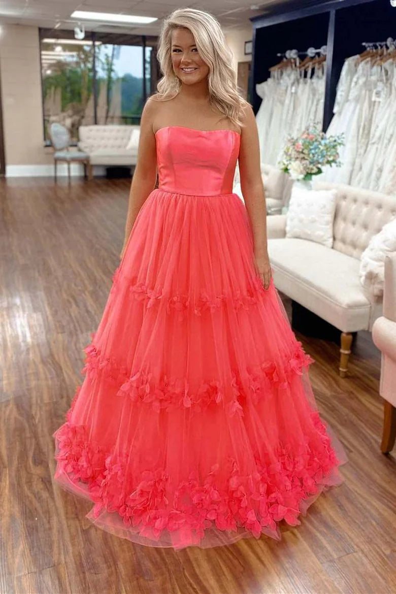 Princess Coral Pink Tulle Strapless Appliques Prom Gown