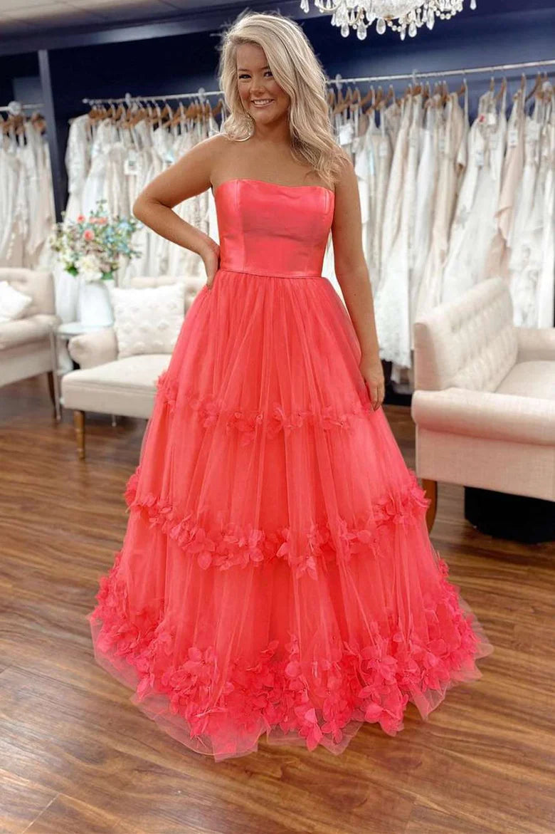 Princess Coral Pink Tulle Strapless Appliques Prom Gown