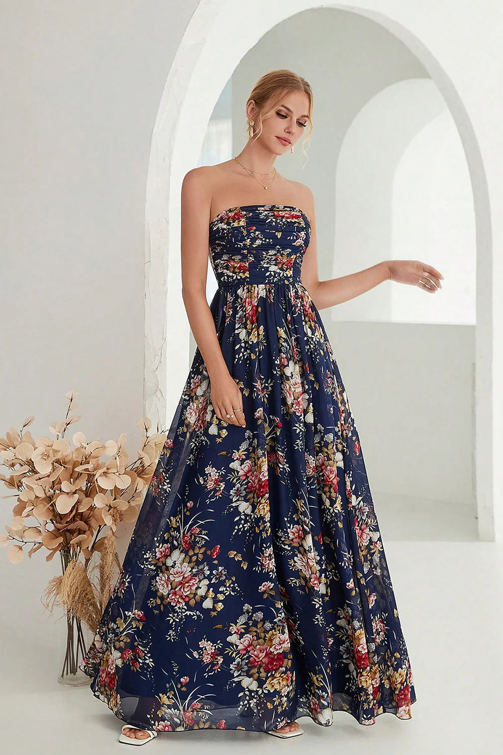 Printed Floral Navy Strapless A Line Long Formal Dress