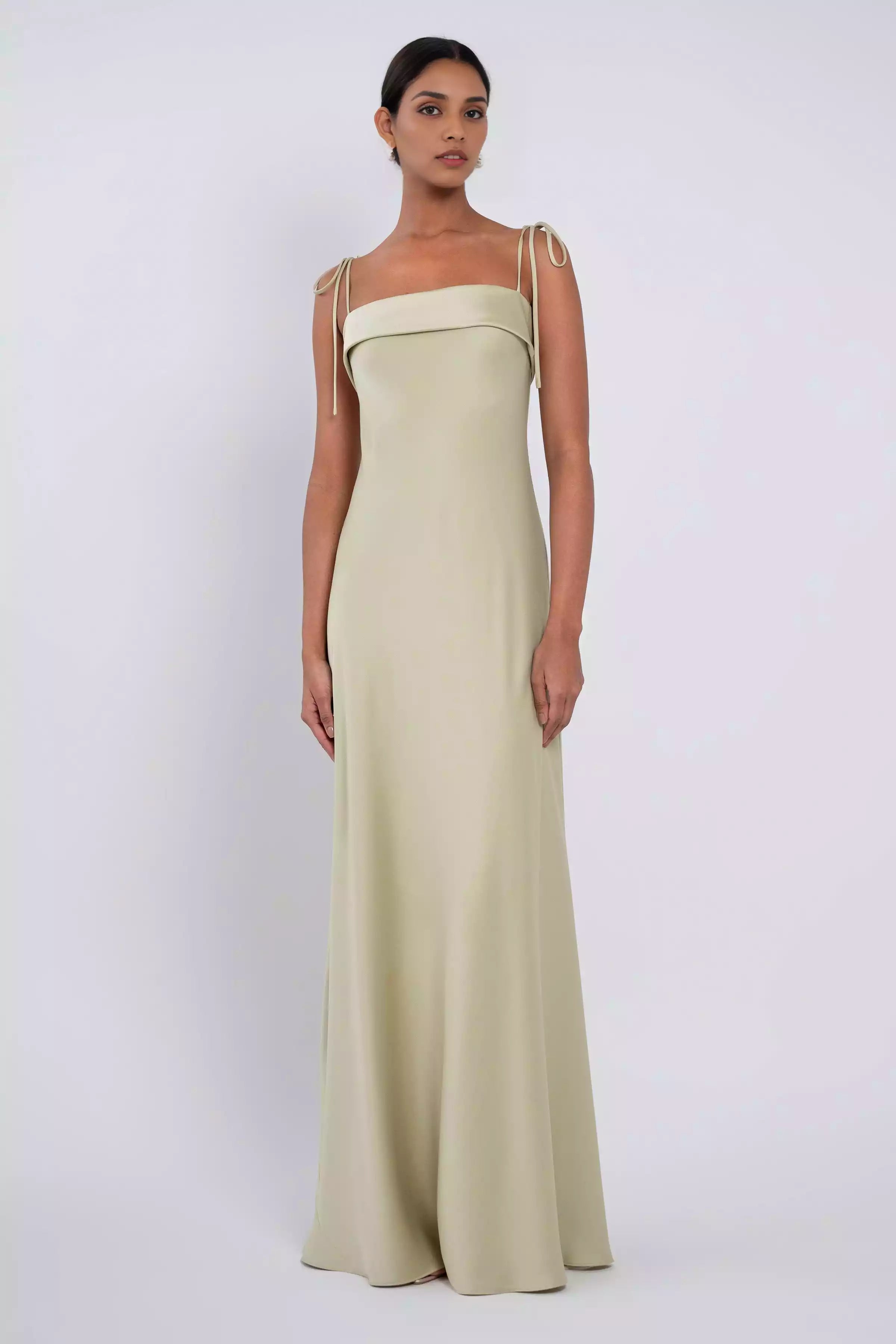 Prom Dresses with eye-catching luxurious satin fine shoulder straps, straight neckline, diagonal cut, fully lined, and a back zipper